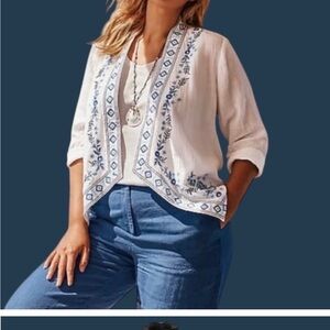 J. Jill White jacket with Blue Embroidery